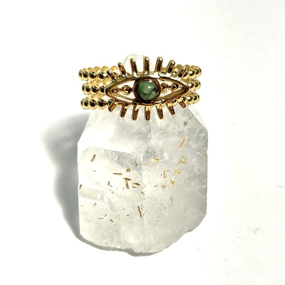 2/$20 ✨ LAST ONE! Evil Eye Beaded 18k Gold Plated Ring with Natural Green Stone - Picture 3 of 14